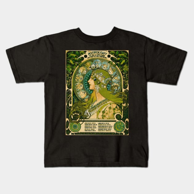 Emerald Green Astrology Poster | Alphonse Mucha Kids T-Shirt by visionarysea